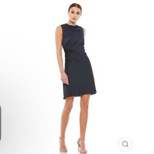 NWT Ieena for Mac Duggal Satin Cocktail Dress With Rhinestone Accents Navy 6